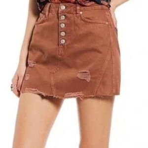 WE THE FREE FREE PEOPLE COPPER DECONSTRUCTED DENIM MINI SKIRT ORANGE DISTRESSED